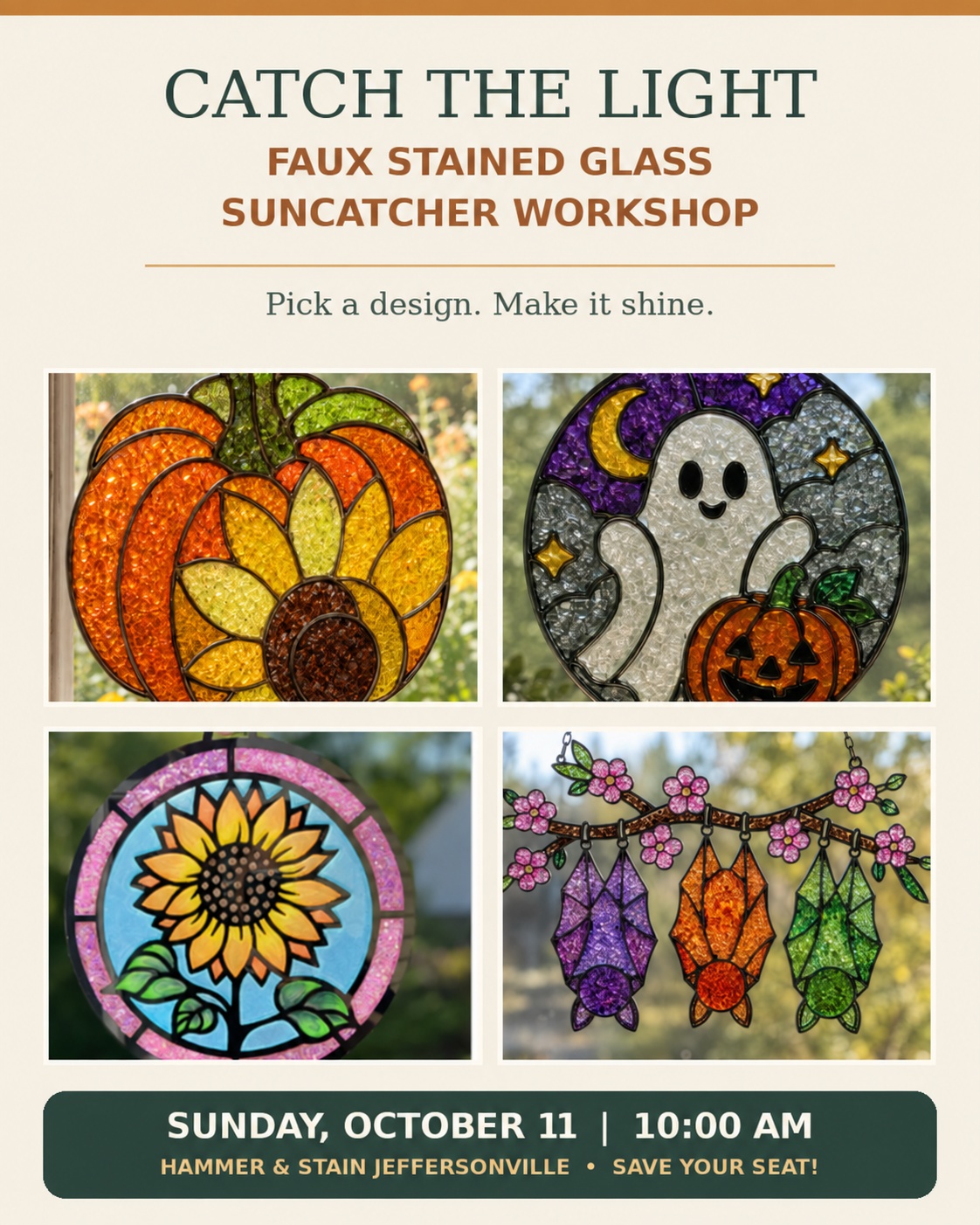 10/11/2026 - Sunday @ 10:00 am Catch the Light: Faux Stained Glass Suncatcher Workshop ✨