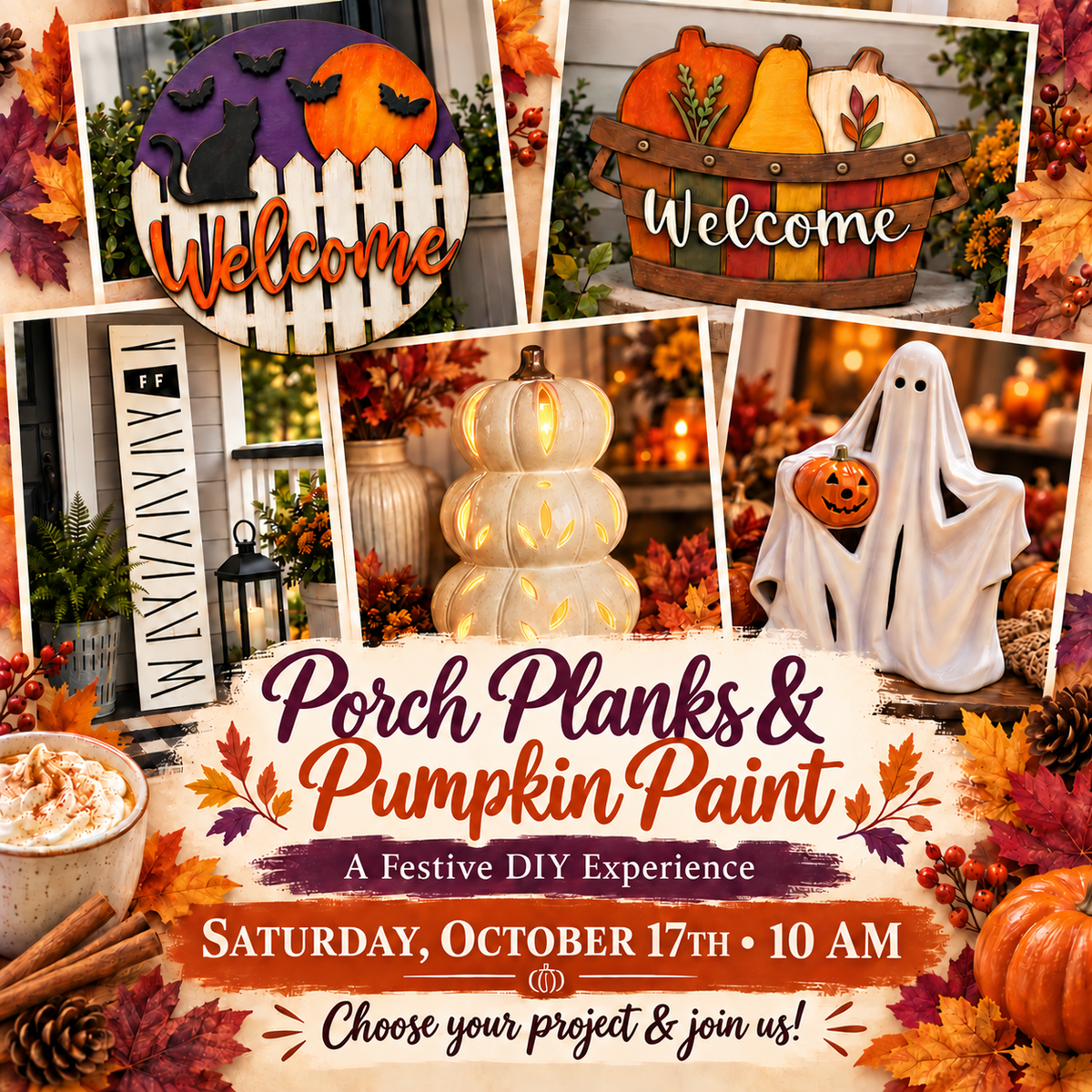 10/17/26 Saturday @ 10:00 a.m. - 🍂🎃 Porch Planks & Pumpkin Paint: A Festive DIY Experience👻🧡