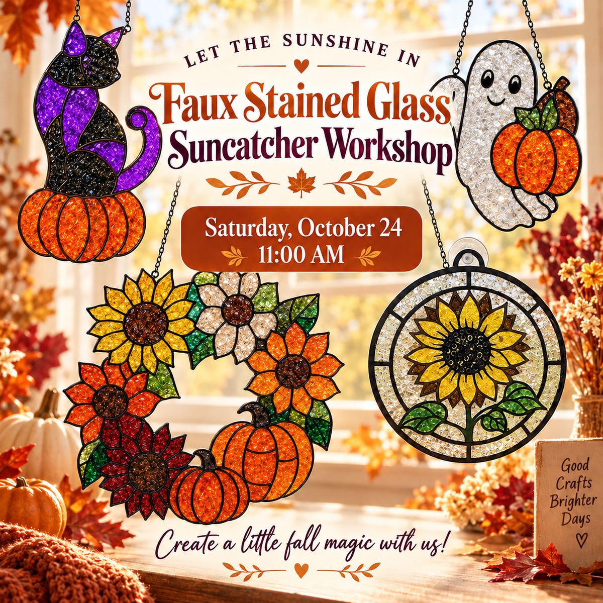 10/24/2026 - Saturday @ 11:00 am Sunshine & Sparkle: A Faux Stained Glass Suncatcher Experience ☀️✨